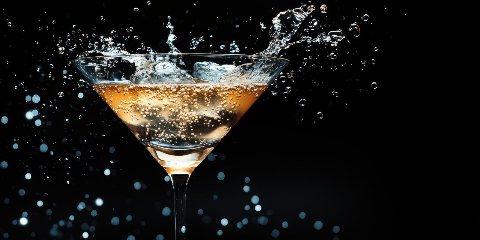 Sparkling cocktail splashes in a clear martini glass against a dark background with shimmering lights